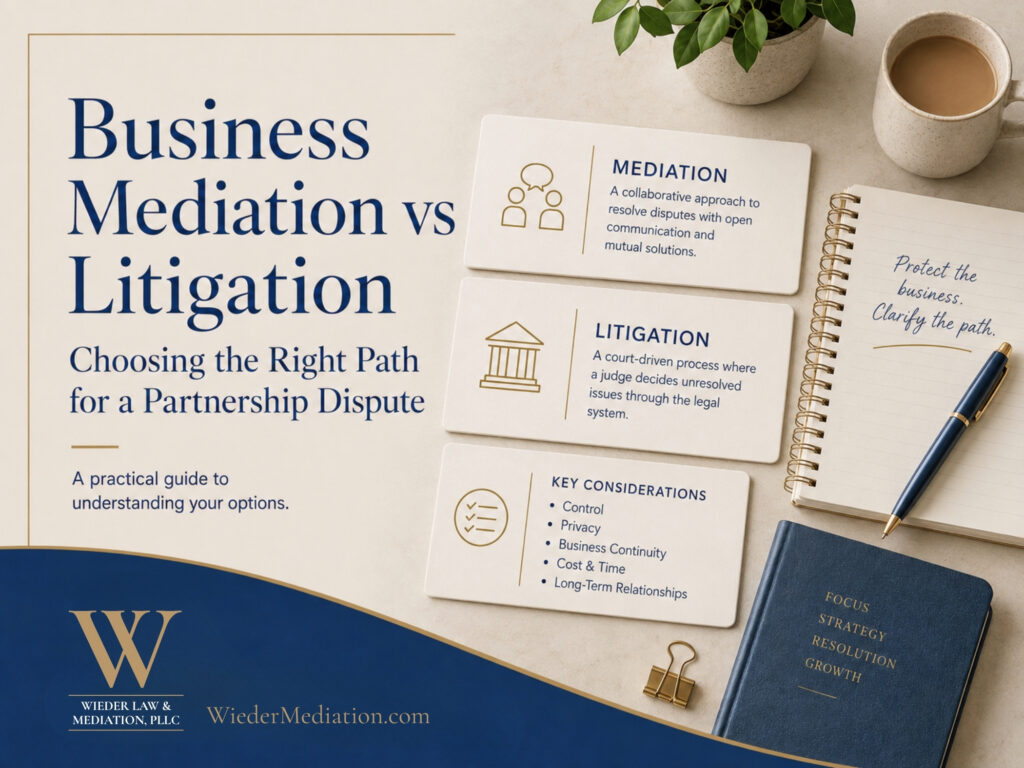 Business mediation vs litigation options for resolving a partnership dispute