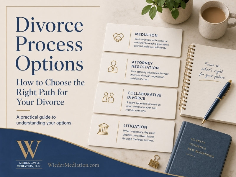 Divorce process options including mediation, attorney negotiation, collaborative divorce, and litigation