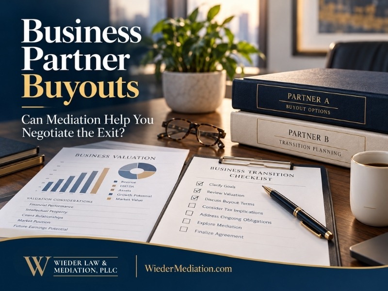 Business partner buyout mediation with valuation documents, transition checklist, and ownership planning materials