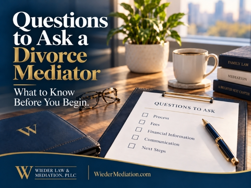 Questions to ask a divorce mediator about process, fees, financial information, communication, and next steps